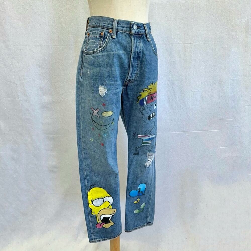 Levi's 501 custom hand painted cartoon graffiti high waist jeans size 32x30 - Picture 8 of 16